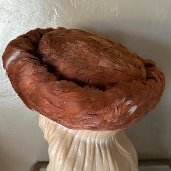 REFINED 1960s' HAT COVERED IN RUST COLORED FEATHERS